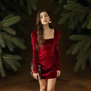 Rihoas Long Sleeve Red Stretch Velvet Mini Dress  XS  NYE Holiday Party Dress